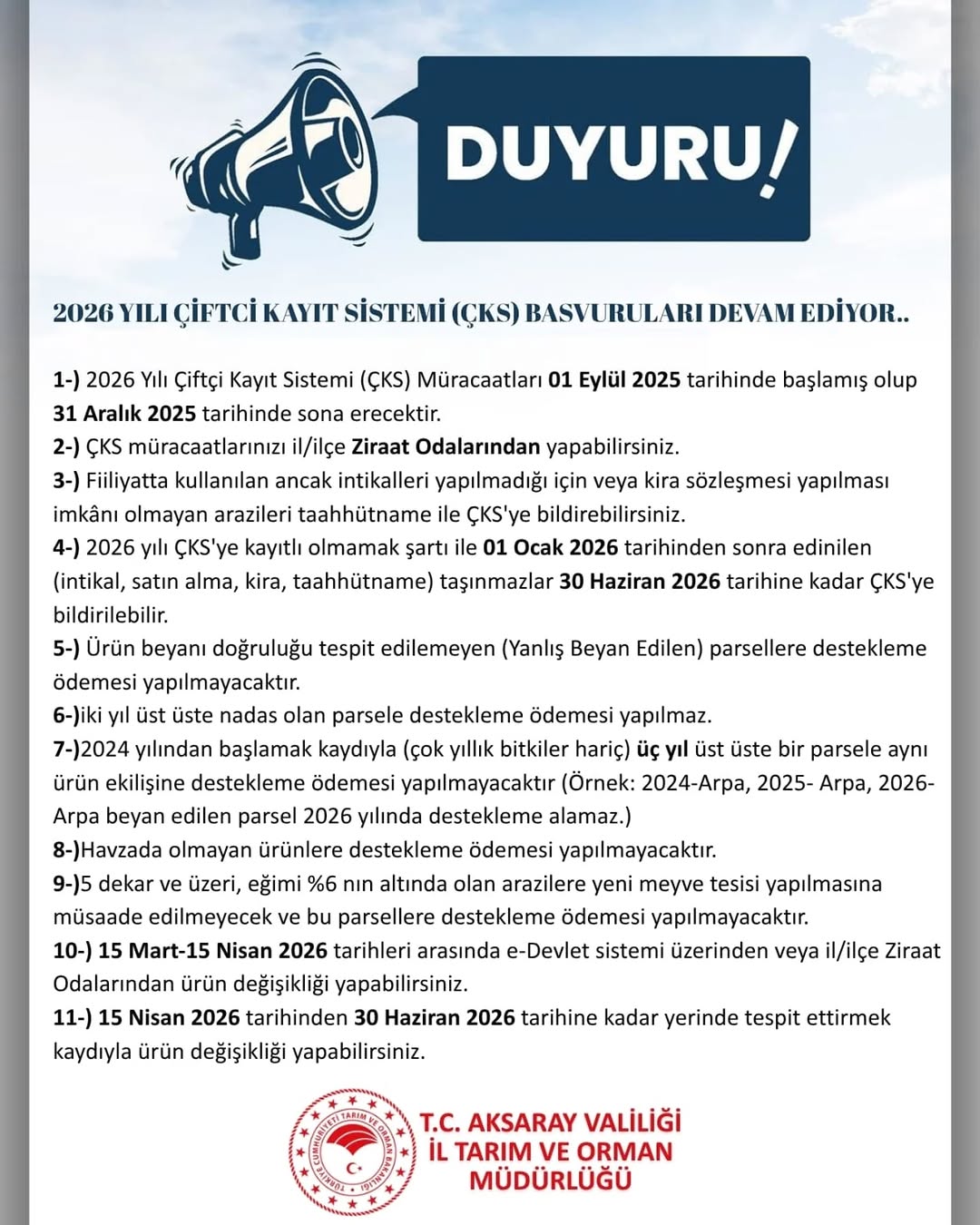 Aksaray'da 2026 Yılı Çiftçi Kayıt Sistemi Başvuruları Başladı