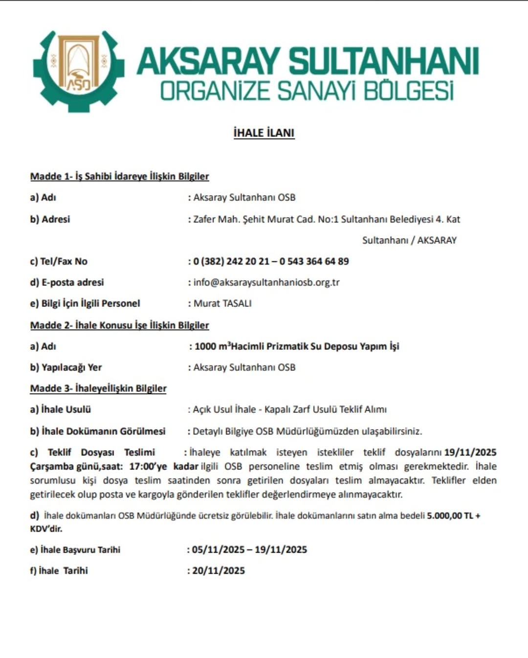 Aksaray Sultanhanı OSB'ye 1000 m³ Kapasiteli Su Deposu Yapılacak