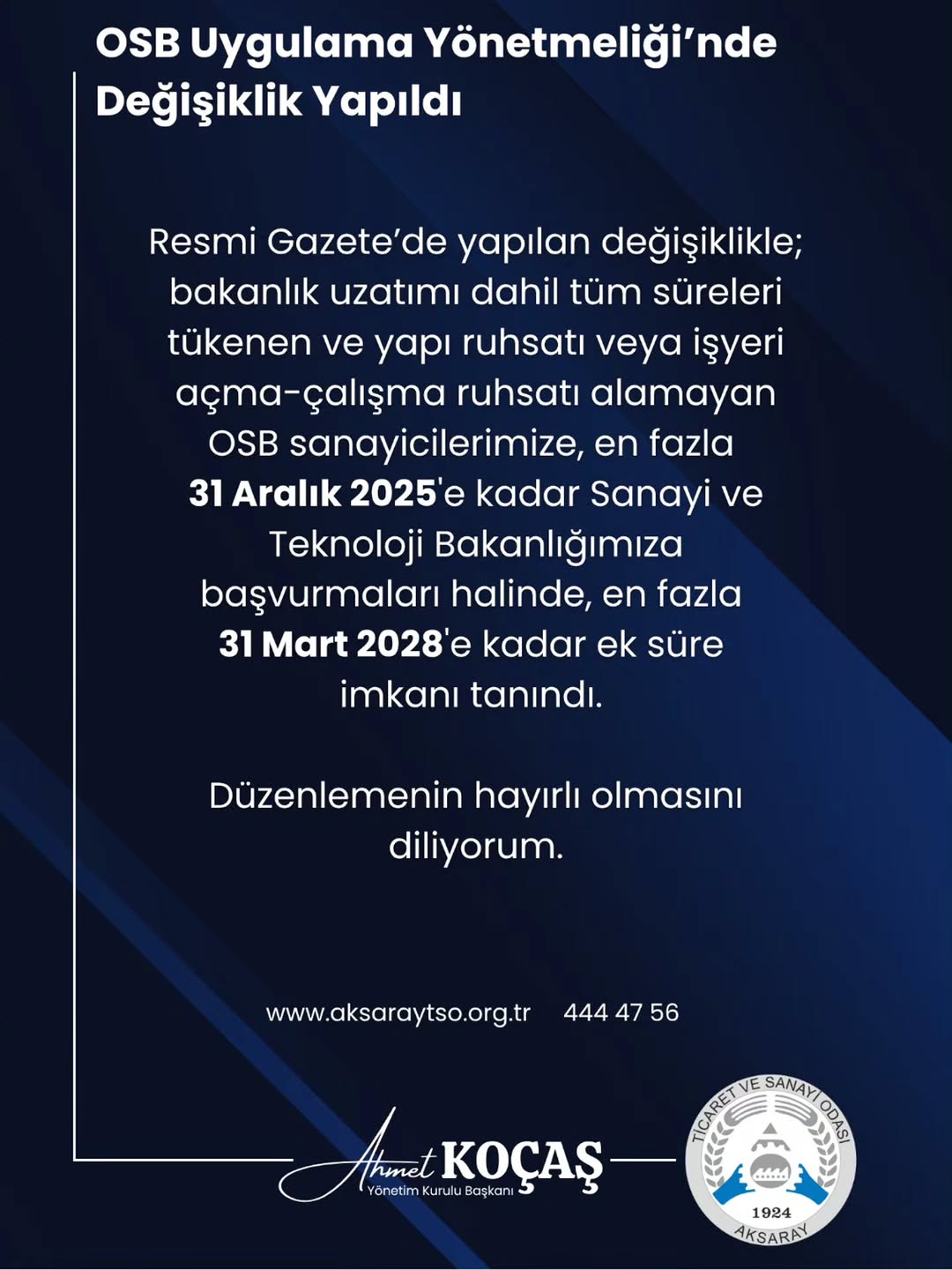 Aksaray OSB'de Yatırım ve İstihdamı Artıracak Yönetmelik Değişikliği