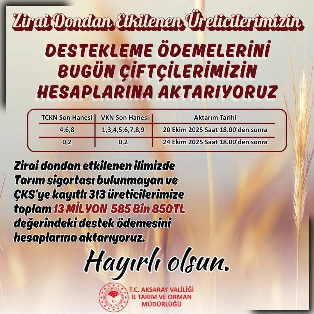 Aksaray'da Zirai Dondan Etkilenen Çiftçilere 13.5 Milyon TL Destek Ödemesi