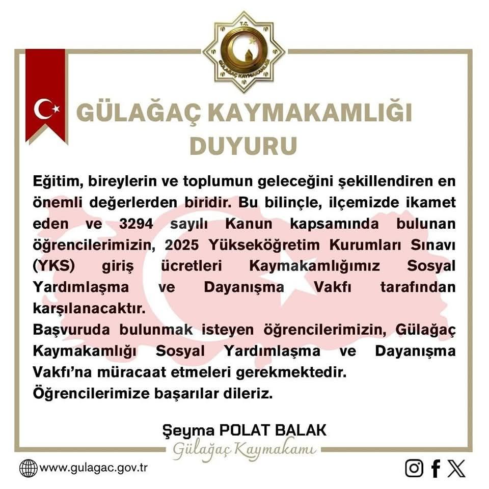 Gülağaç Kaymakamlığı'ndan Öğrencilere YKS Ücret Desteği