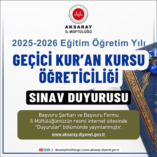 Aksaray'da 2025-2026 Eğitim Dönemi Kur'an Kursu Öğreticiliği Mülakat Sınavı