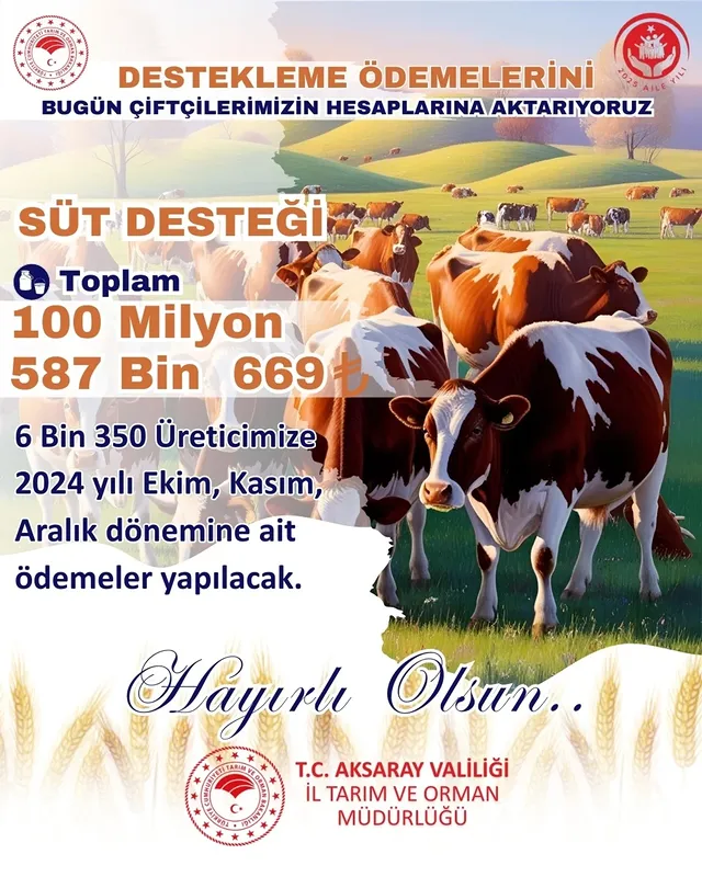 Aksaray'da Süt Desteği Ödemeleri Başladı: 6 Bin 350 Üretici Hesaplarına 100 Milyon TL Aktarıldı