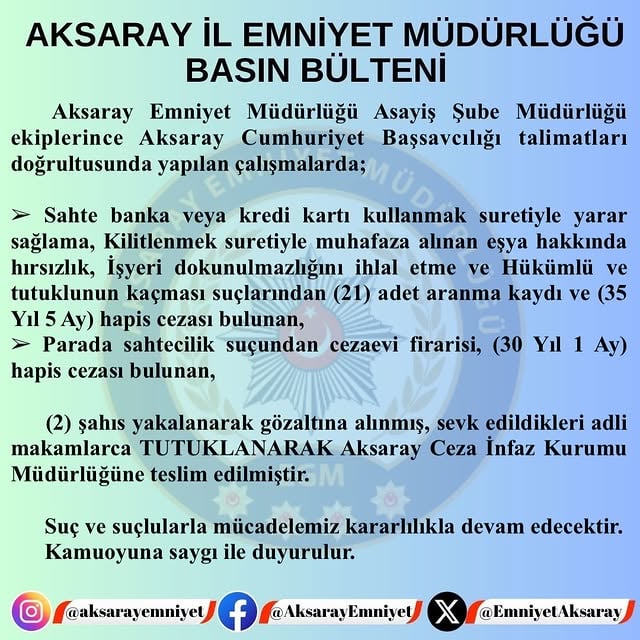 Aksaray'da Sahtecilik ve Hırsızlık Operasyonunda 2 Şahıs Tutuklandı