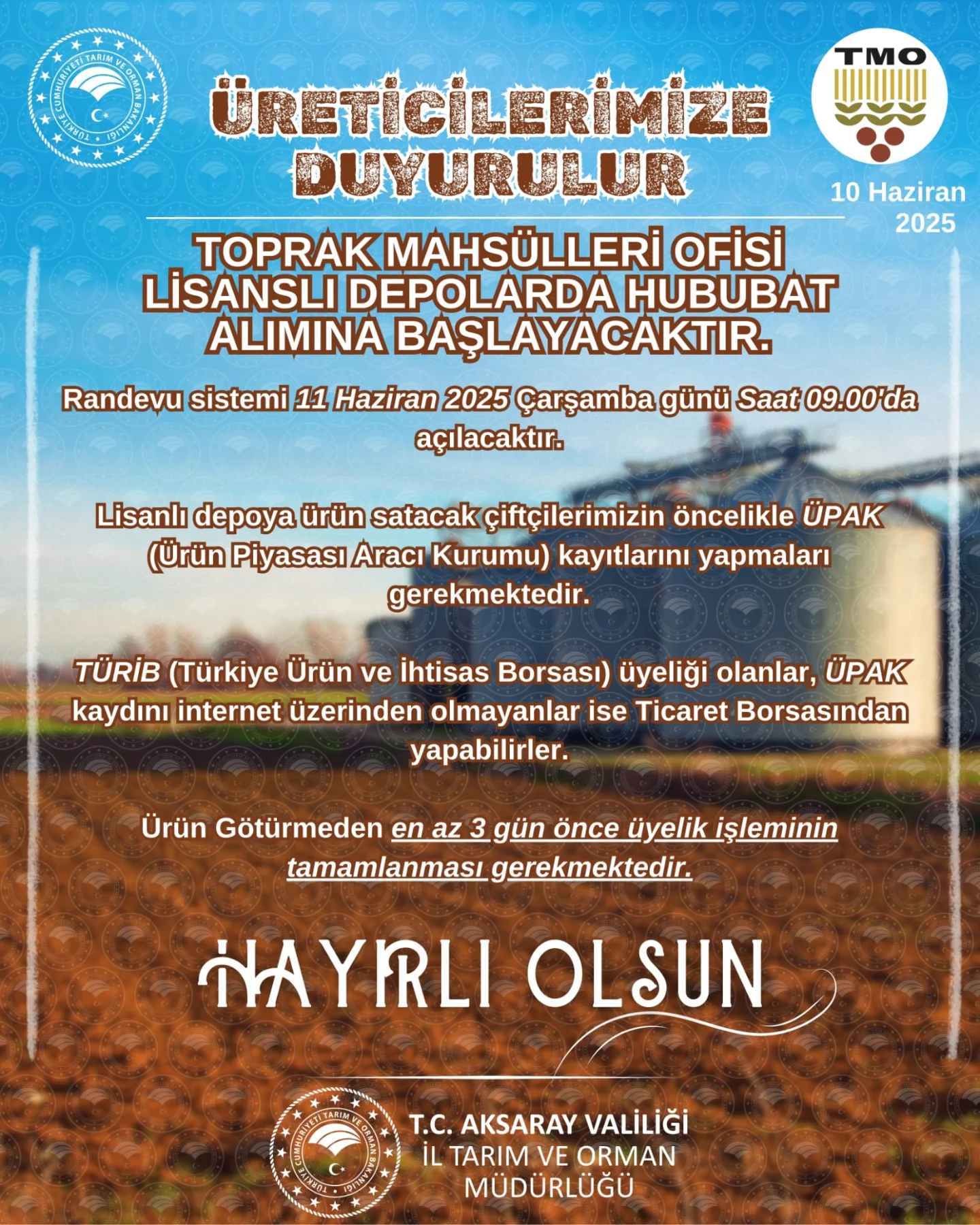 Aksaray'da Hububat Alımları Başlıyor: Üreticilere Duyuru