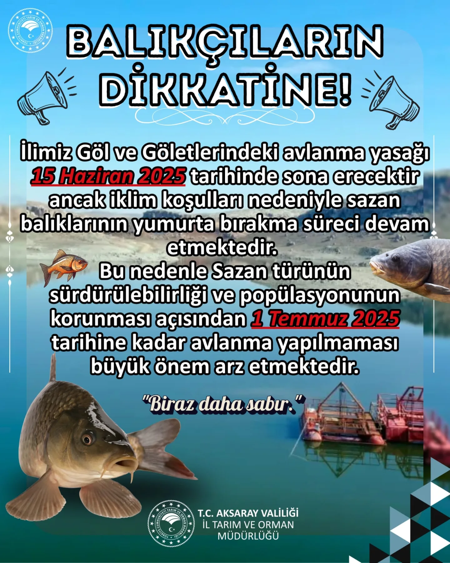 Aksaray'da Sazan Balığı Avlanma Yasağı Uzatıldı