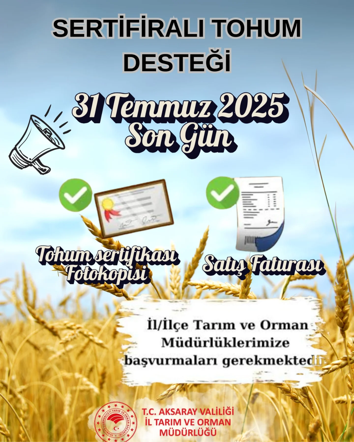 Aksaray'da Sertifikalı Tohum Desteği Başvuruları 31 Temmuz 2025'te Sona Eriyor