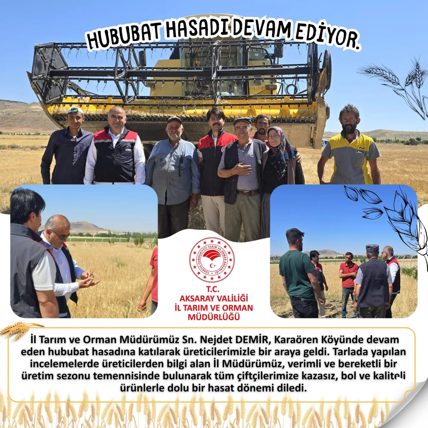 Aksaray'da Hububat Hasadı Başladı: İl Müdürü Demir Üreticilerle Bir Araya Geldi