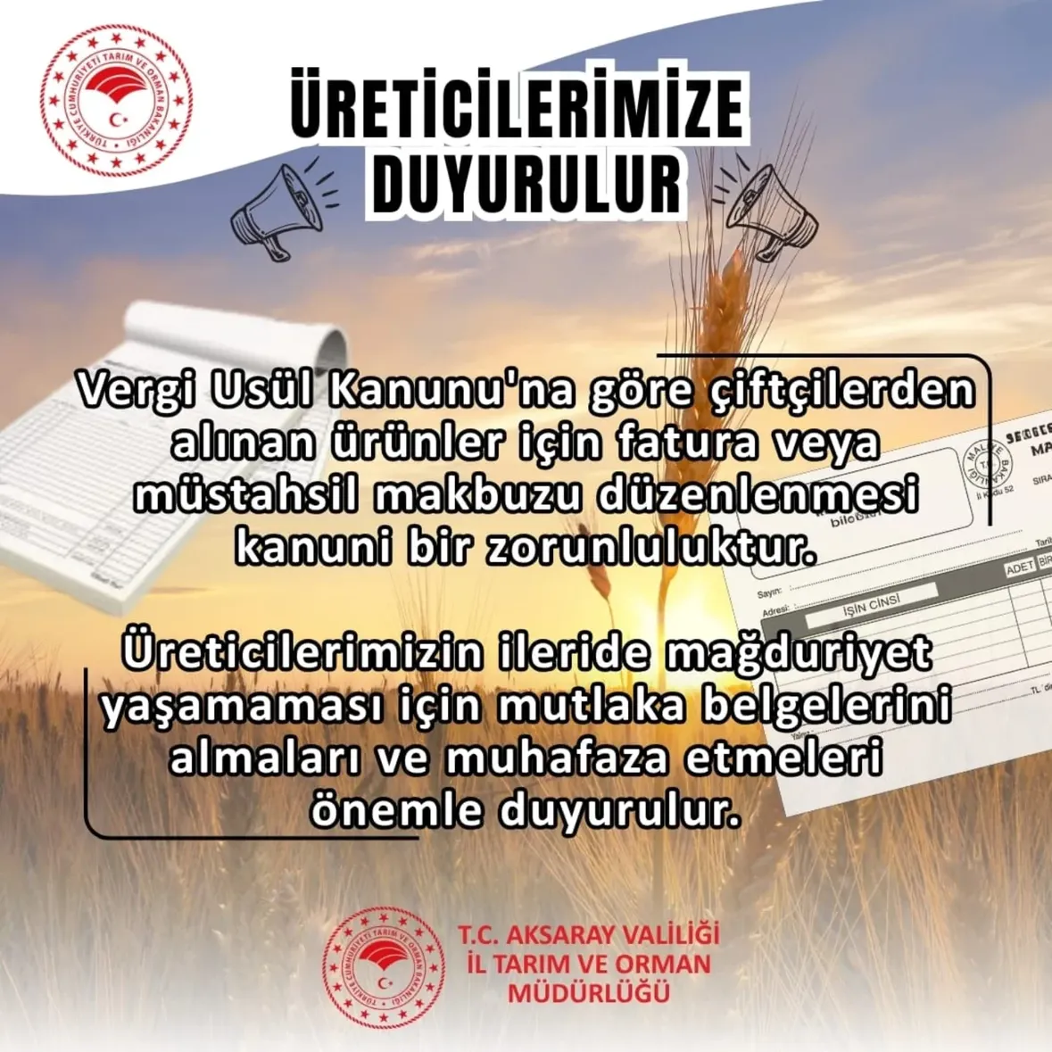 Aksaray Tarım İl Müdürü Demir: Üreticilere Fatura ve Makbuz Zorunluluğu Uyarısı