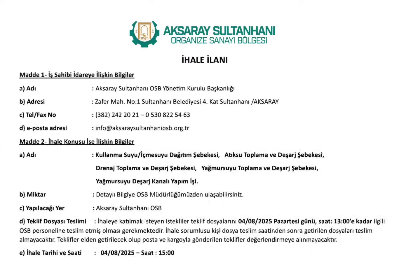 Aksaray Sultanhanı Organize Sanayi Bölgesi'nde Arsa İhalesi