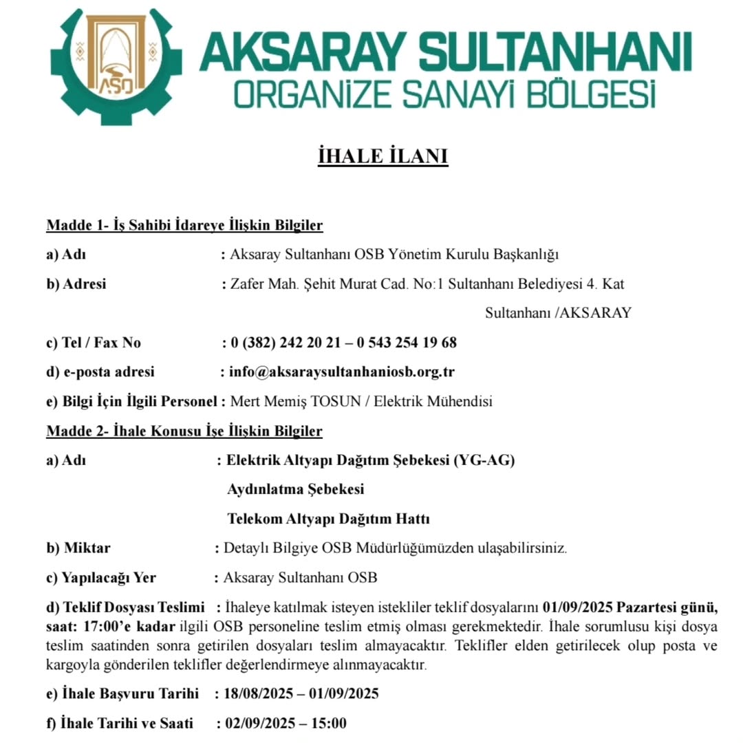Aksaray Sultanhanı OSB'de Elektrik Altyapı İhalesi Başlatıldı