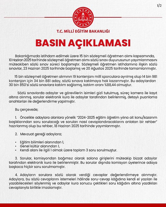 15 Bin Sözleşmeli Öğretmen Alımında Sözlü Sınav Sonuçları Açıklandı