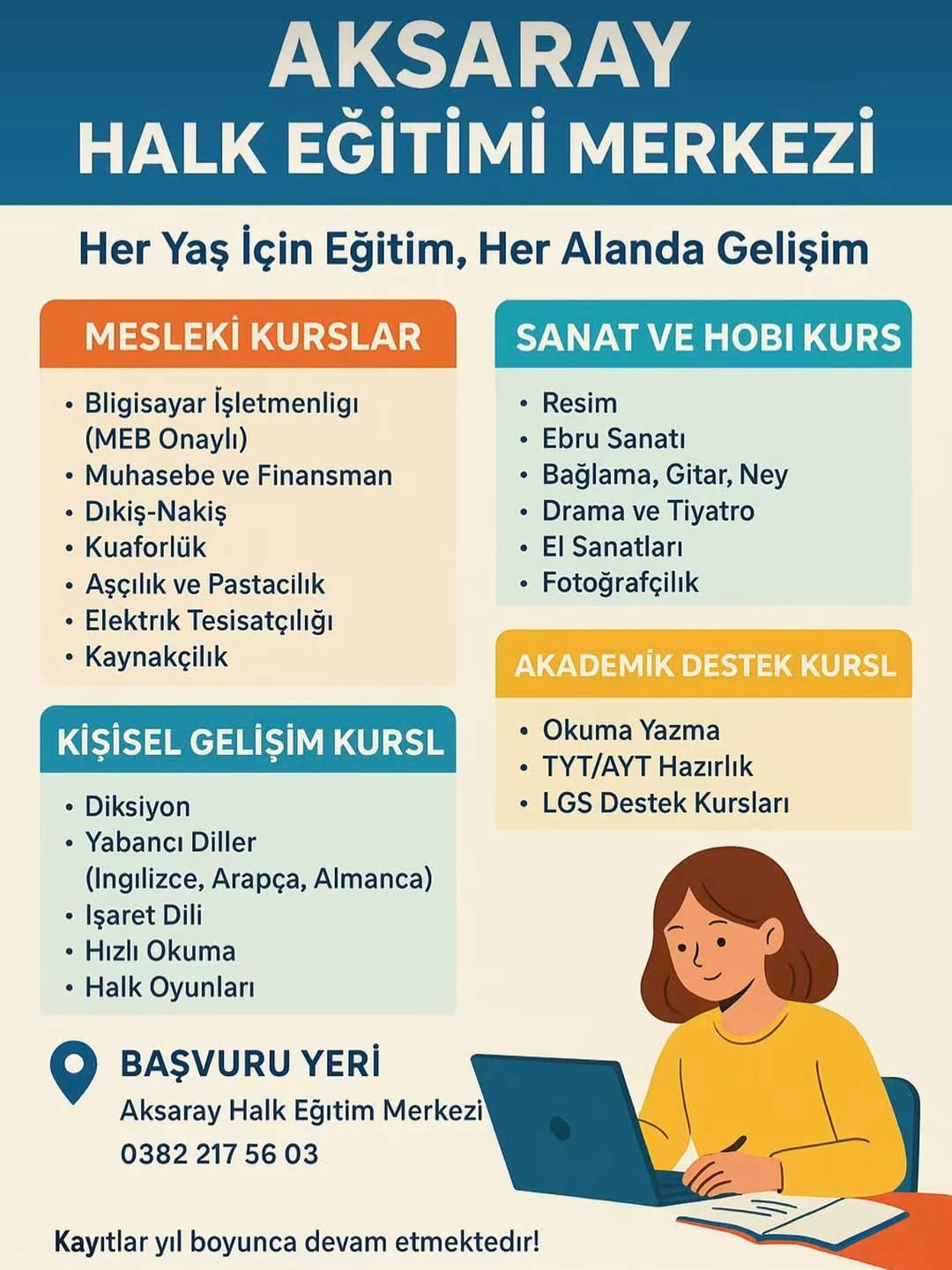 Aksaray'da Her Yaşa Ücretsiz Kurs Fırsatı: Halk Eğitimi Merkezi Kayıtlar Başladı